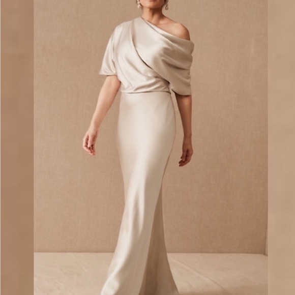 Amsale Asymmetrical One Shoulder Gown in Champagne color